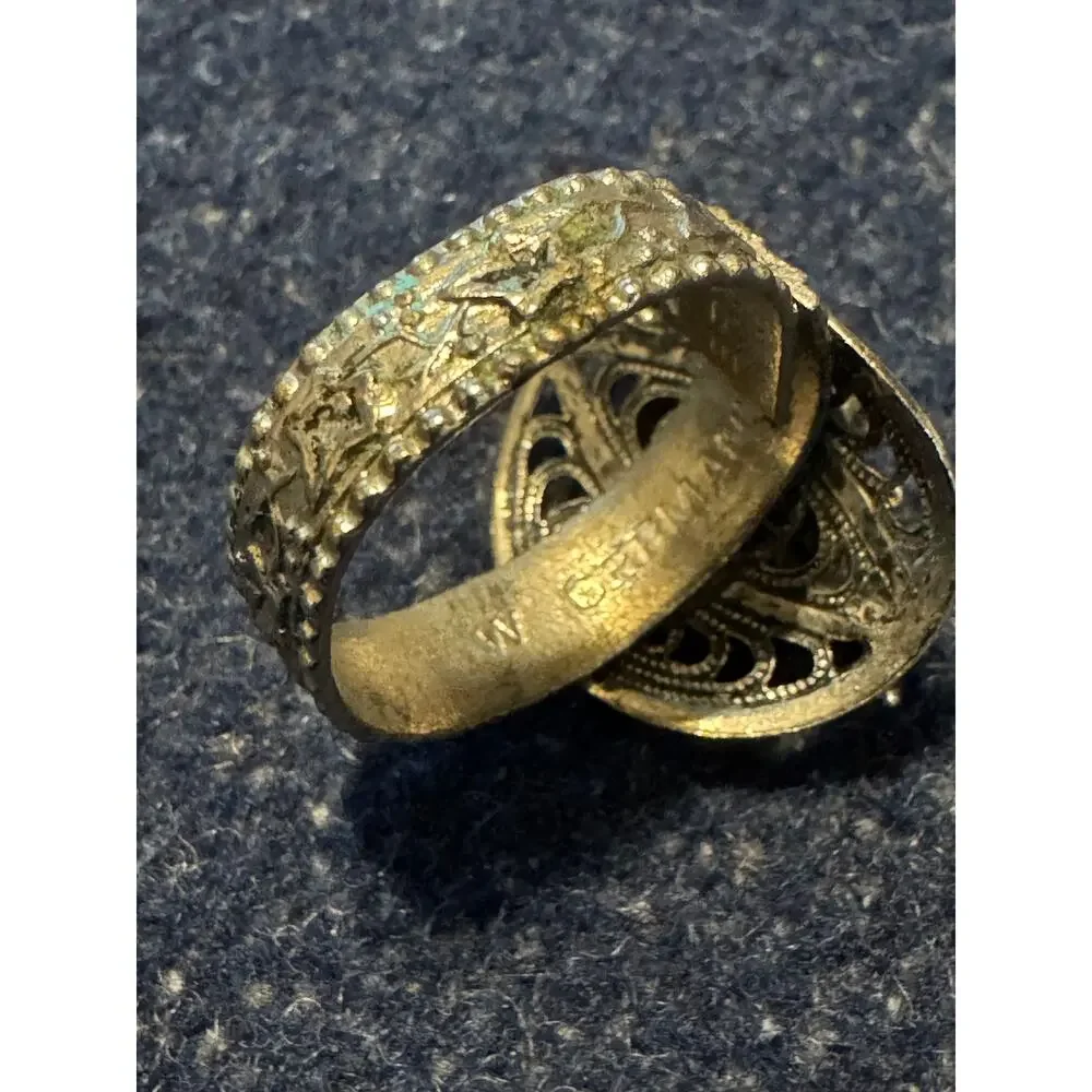 Vintage West Germany Marcasite & Filigree Leaf Motif Ring Adjustable Split Band